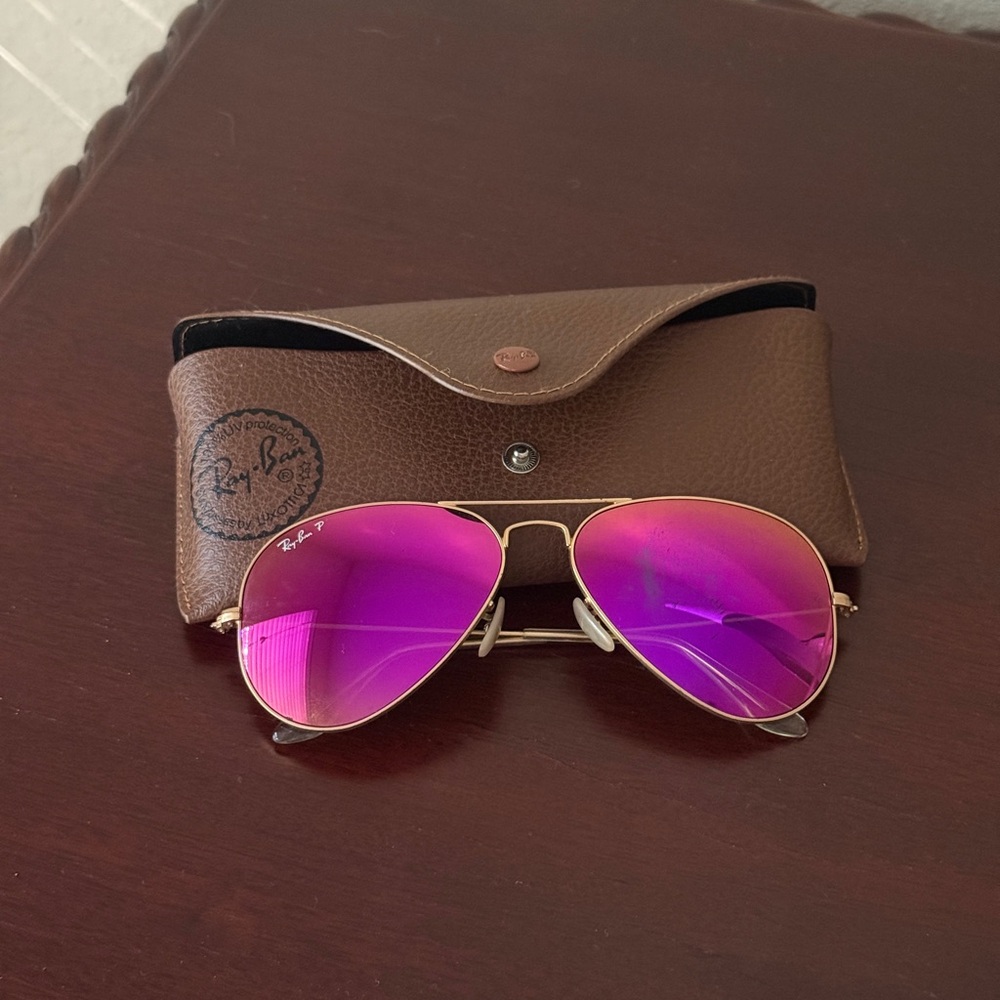 Ray-Ban Gold Aviator Sunglasses with Purple Lenses